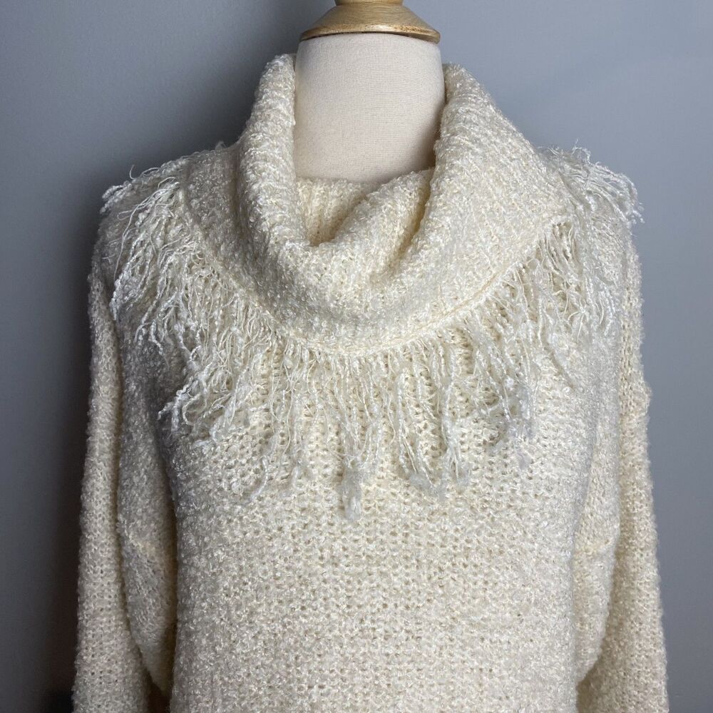 Vintage 90s Bonjour Cream Fringed Cowl Neck Tunic Sweater Medium